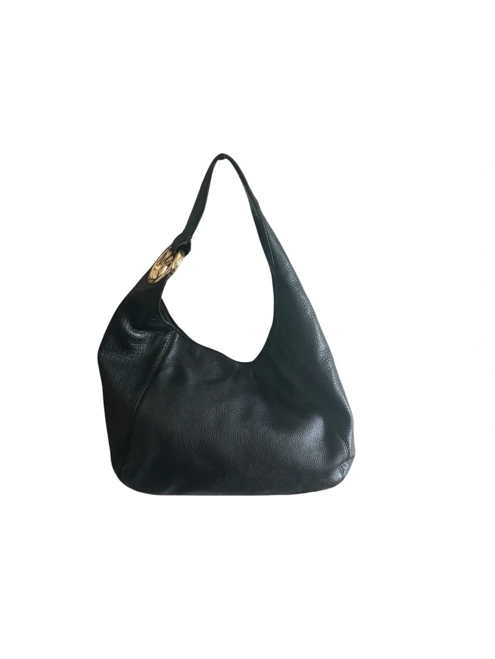 Michael Kors Black Pebbled Leather Fulton Hobo Shoulder Bag Gold Logo Purse OS